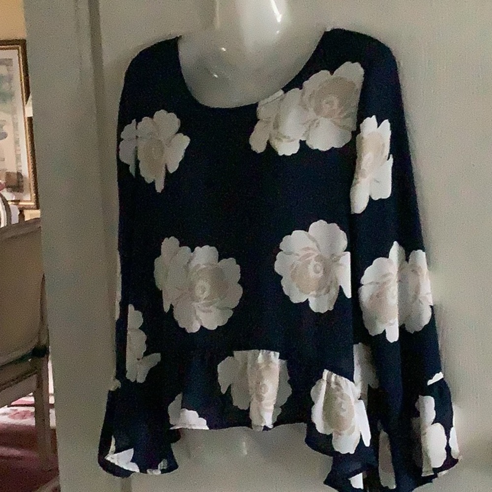 ANA blouse with flowers navy blue light weight bell sleeves size Med
